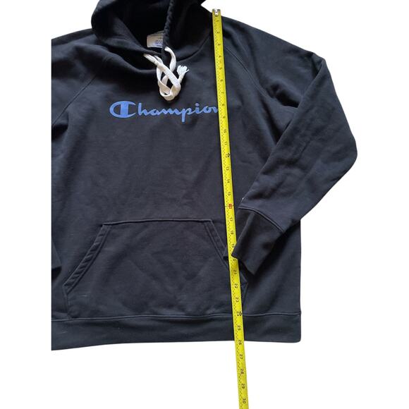 Champion Black Unisex Sweatshirt Hoodie Size Large Retro Comfy Blue Logo - Picture 5 of 7